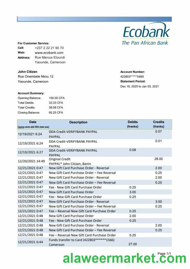 Cameroon Ecobank bank statement easy to fill template in .xls and .pdf file format